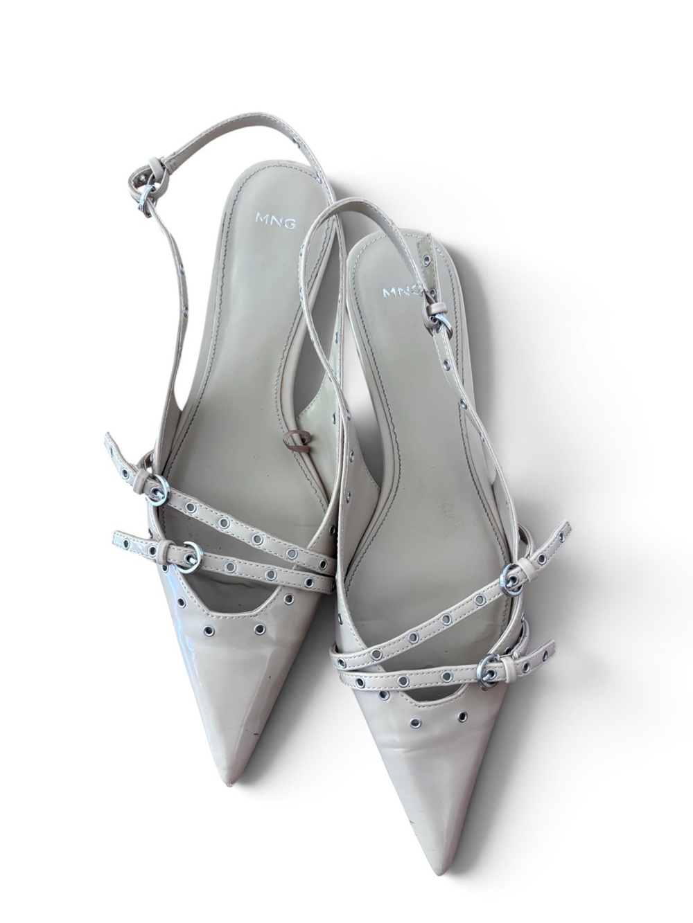 MANGO Beige Patent Pointed-Toe Slingback Kitten Heels Size 40 or US 9